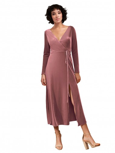 Online Long Sleeve Velvet Faux Wrap Midi Length Bridesmaid Dress / Prom Dress UK