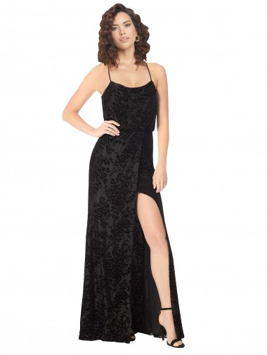Online Floral Velvet Cowl Neck Bridesmaid Dress with Skirt Slit UK