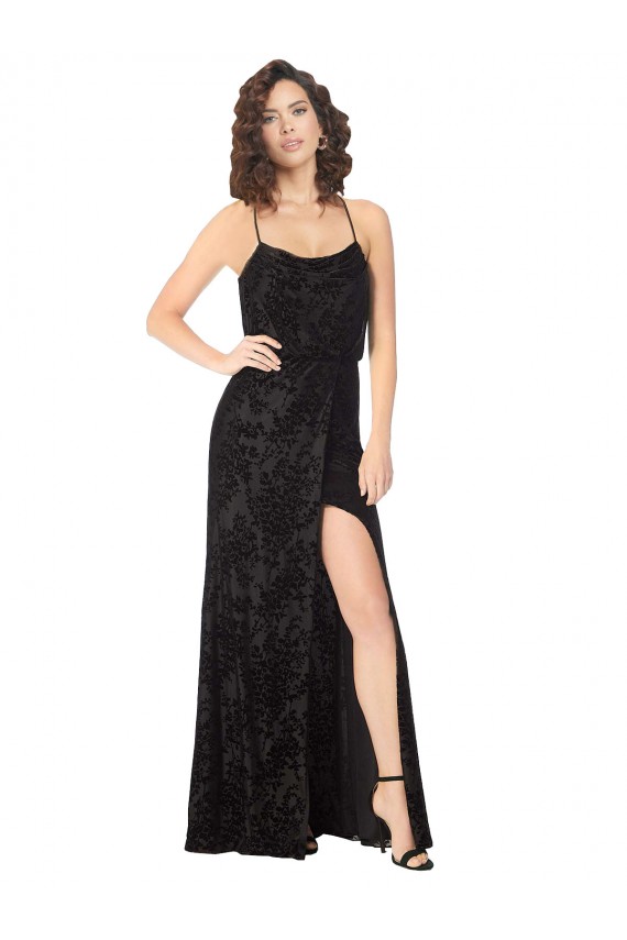 Online Floral Velvet Cowl Neck Bridesmaid Dress with Skirt Slit UK