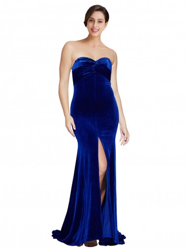 Online Strapless Ruched Formal Velvet Bridesmaid Dress / Prom Dress with Sweep Train and Front Slit UK