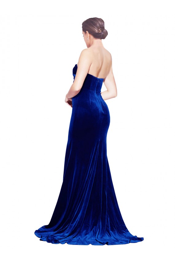 Online Strapless Ruched Formal Velvet Bridesmaid Dress / Prom Dress with Sweep Train and Front Slit UK