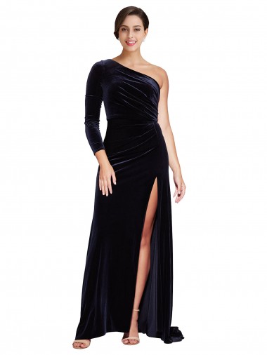 Online One Sleeve Long Formal Velvet Bridesmaid Dress / Prom Dress with Thigh High Split UK