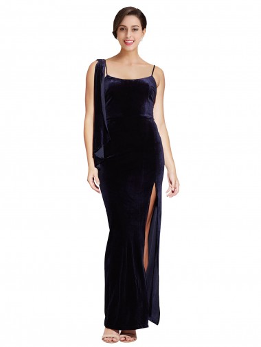 Online Long Formal Velvet Bridesmaid Dress / Prom Dress with Side Thigh Split and Shoulder Tie UK