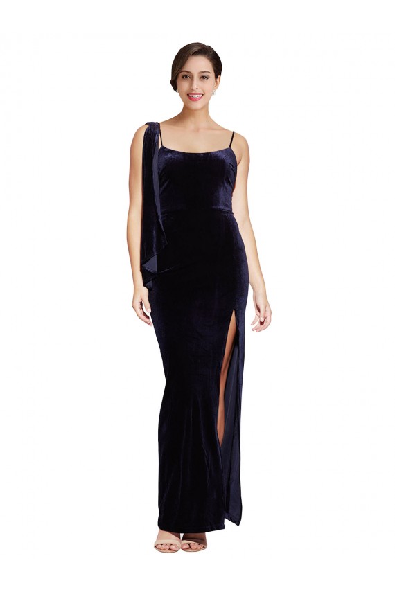 Online Long Formal Velvet Bridesmaid Dress / Prom Dress with Side Thigh Split and Shoulder Tie UK