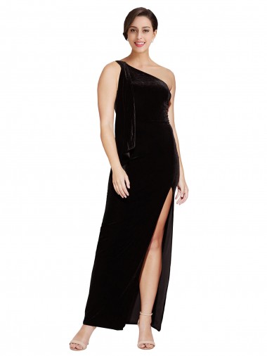 Online One Shoulder Long Formal Velvet Bridesmaid Dress / Prom Dress with Side Split and Shoulder Tie UK