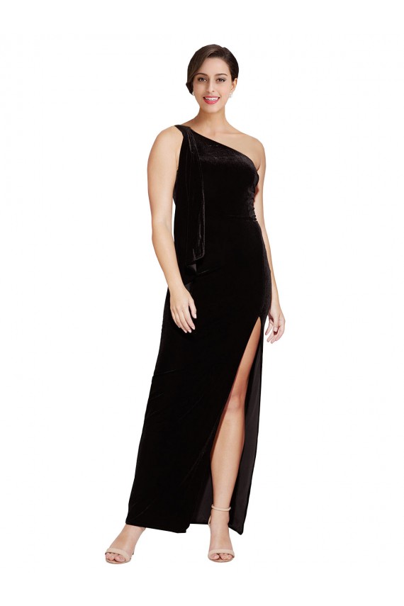 Online One Shoulder Long Formal Velvet Bridesmaid Dress / Prom Dress with Side Split and Shoulder Tie UK