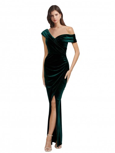 Online Long Asymmetric Neckline Ruched Formal Velvet Bridesmaid Dress / Prom Dress UK