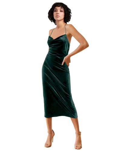 Online Midi Cocktail Length Sleek Cowl Neckline Short Formal Velvet Bridesmaid Dress / Prom Dress UK