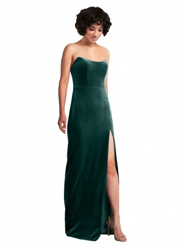 Online Scooped Strapless Long Formal Velvet Bridesmaid Dress / Prom Dress with Daring Side Slit UK
