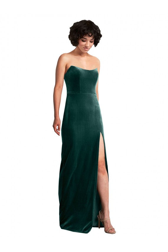 Online Scooped Strapless Long Formal Velvet Bridesmaid Dress / Prom Dress with Daring Side Slit UK